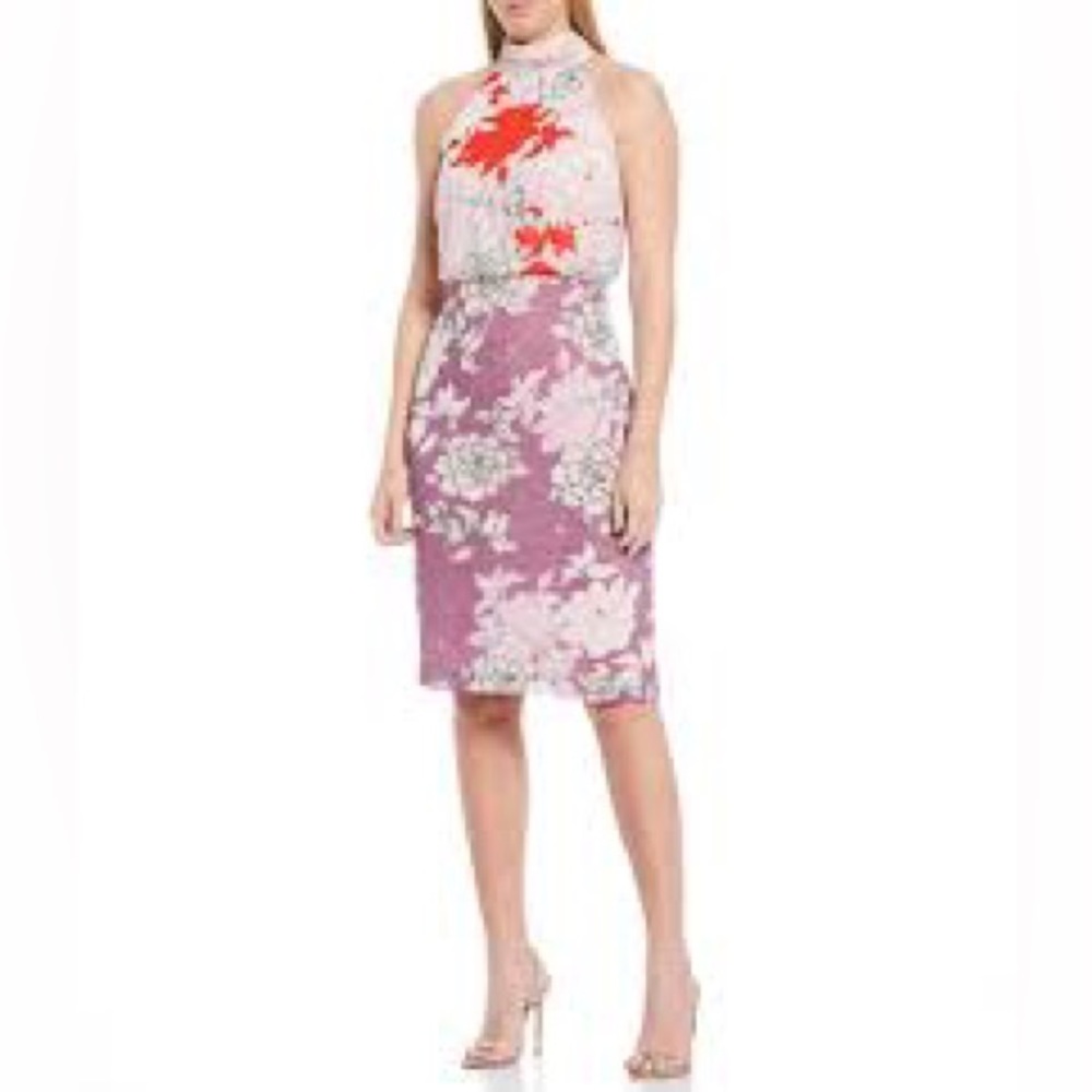 Belle Badgley Mischka Floral Halter Tie Neck Rhisa Midi Dress Lilac - Picture 13 of 13